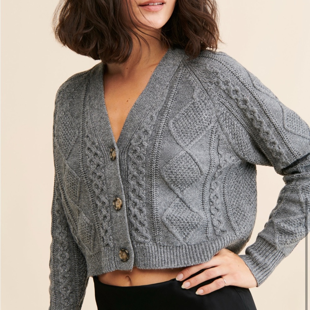 Madewell Gray Cable Knit Women's Cropped Cardigan with sparkly accent